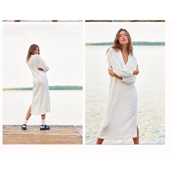 Free People Dress Women Large Ivory Pacific Maxi Side Slits Ribbed Collar Coasta - Picture 1 of 11